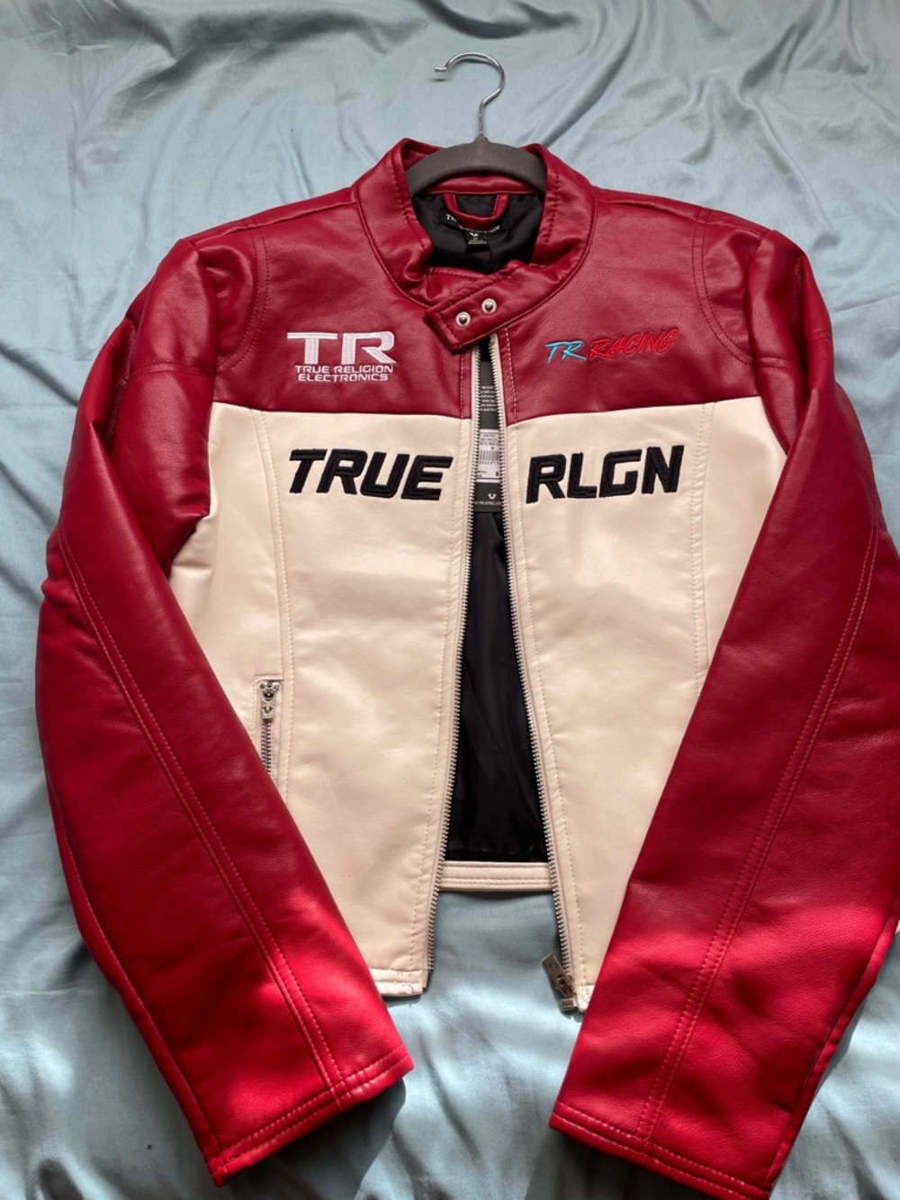 True Religion Red and White Colorblock Racing Bomber Jacket